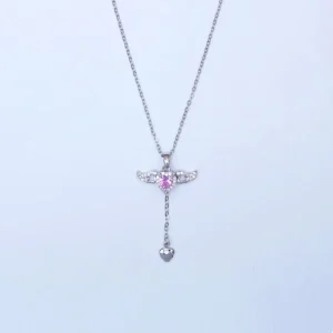 Angel Wings Heart Necklace with Pink Crystal