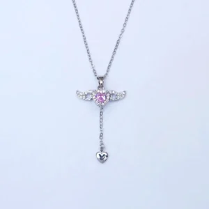 Angel Wings Heart Necklace with Pink Crystal