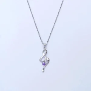 Graceful Silver Necklace with Purple Gemstone and Swirl Design