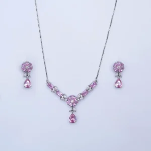 Elegant Pink Crystal Flower Necklace & Earrings Set for Women